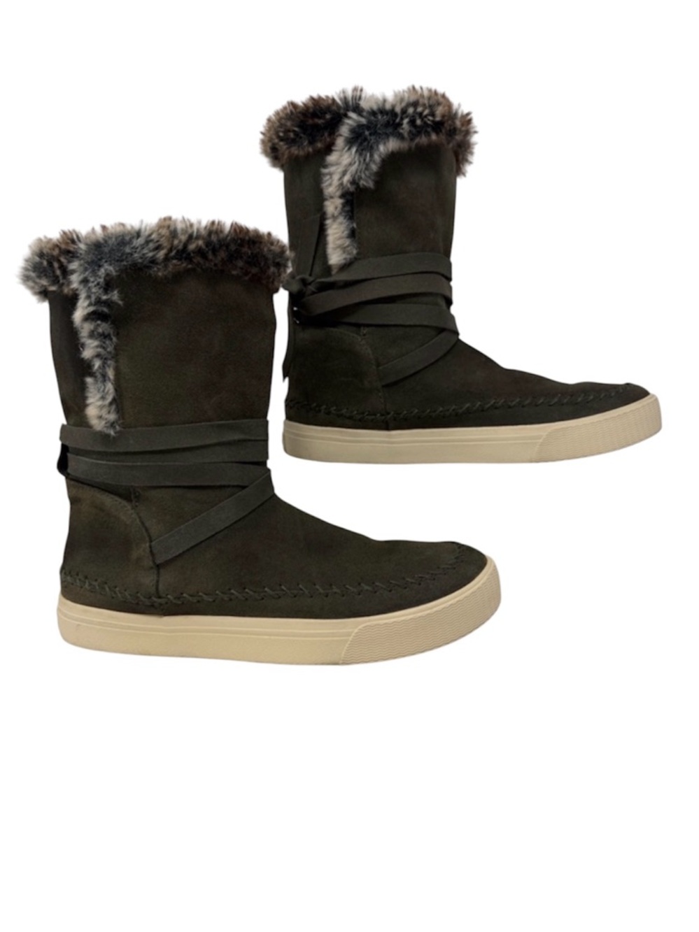 Toms Vista Faux-Fur Lined Suede Waterproof Winter Boots - Olive Green Size 8